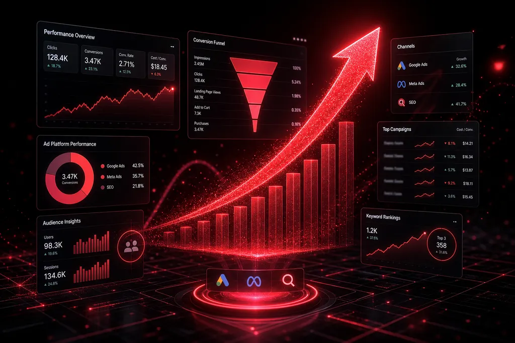 Digital marketing dashboard with Google Ads, Meta Ads and SEO results – Affordable Cloud Security Helmond