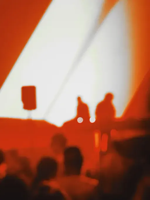 Audience at a live performance in red stage light